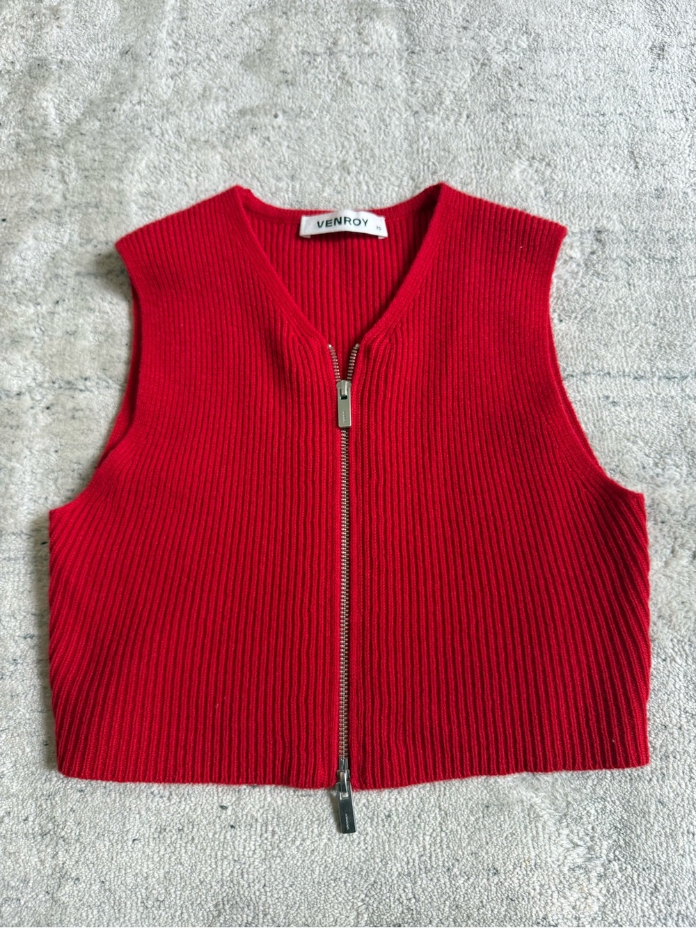 VENROY Red Wool Women's V-Neck Rib-Knit Full Zip Sweater Vest Cropped XS